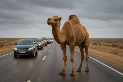 Верблюд остановил автоколонну на трассе Актау – Жанаозен в Мангистауской области