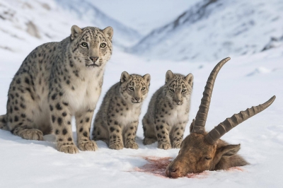 Редкое видео со снежным барсом после охоты в горах Алматы