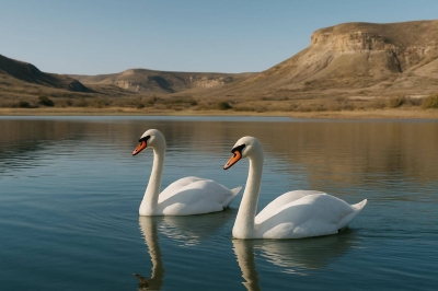 Двух лебедей после реабилитации в Мангистауской области выпустили в дикую природу