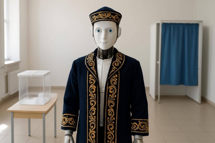 В Мангистау на избирательном участке жителей встречал робот в национальном костюме