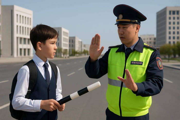 Школьник из Актау исполнил обязанности дублера сотрудника дорожно-патрульной полиции
