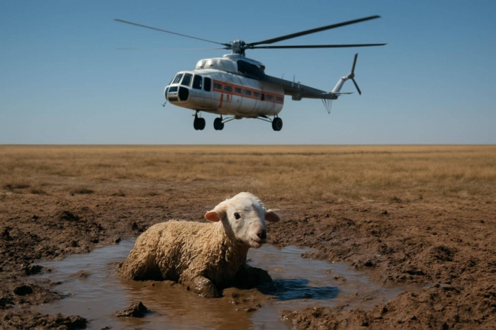 Ягненка спасли из грязи с помощью вертолета в Мангистауской области